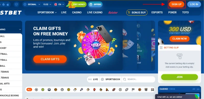 Access the homepage of Mostbet casino